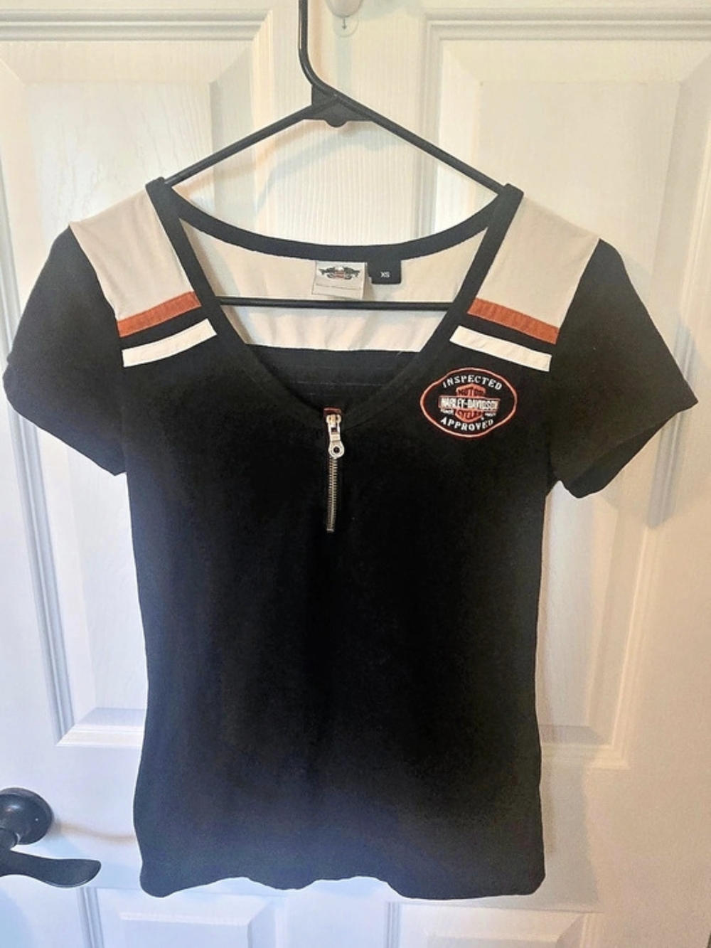 Harley-Davidson Women's Crew Stripe Zip Front Shirt Black & White XS